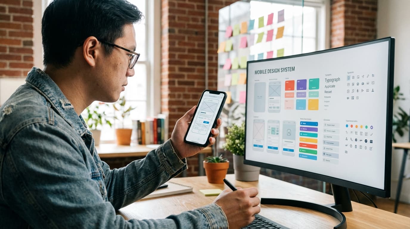 Designer reviewing mobile app prototype