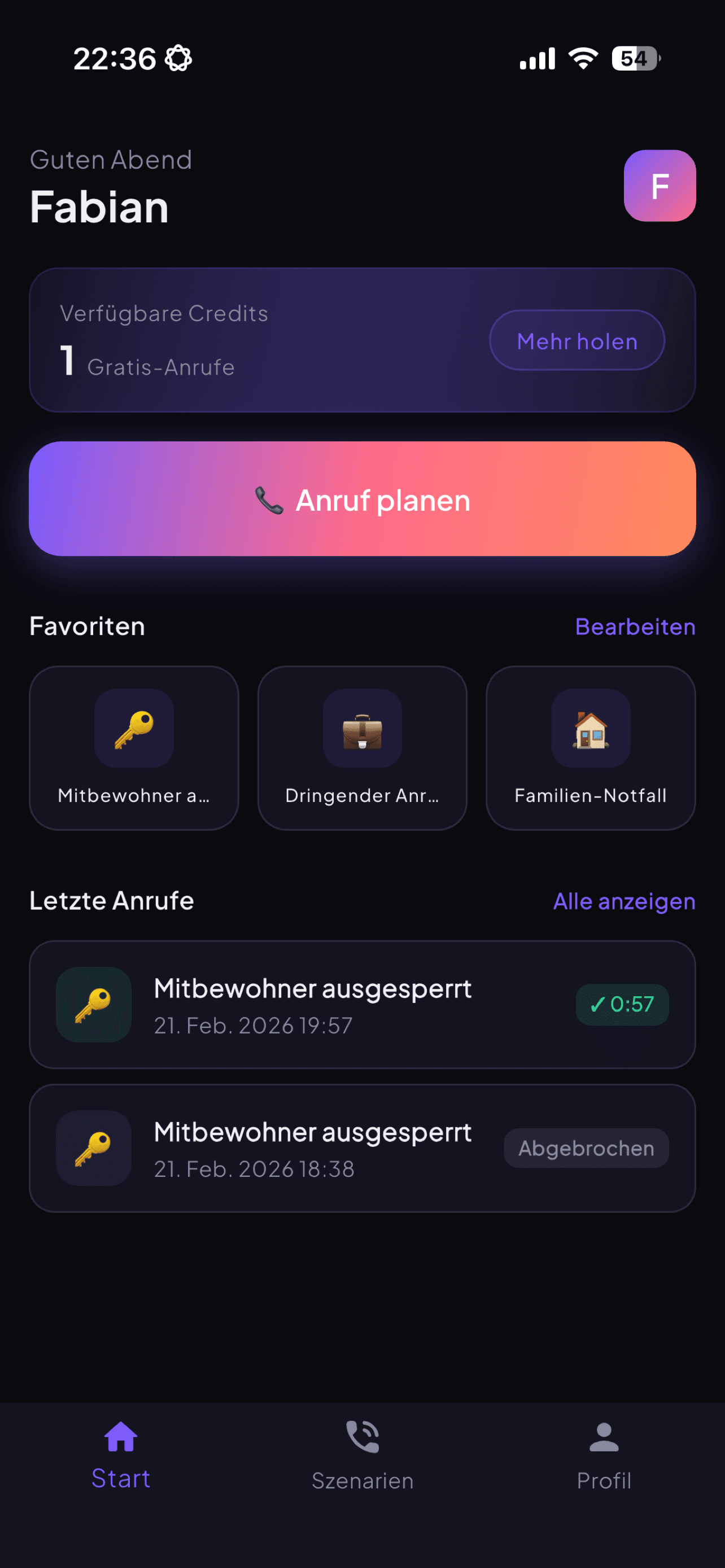 ExcuseApp — KI-gestützte Escape-Calls: Screenshot 1