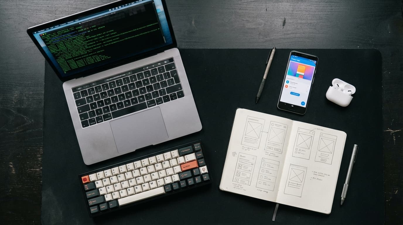 Developer workspace flat lay